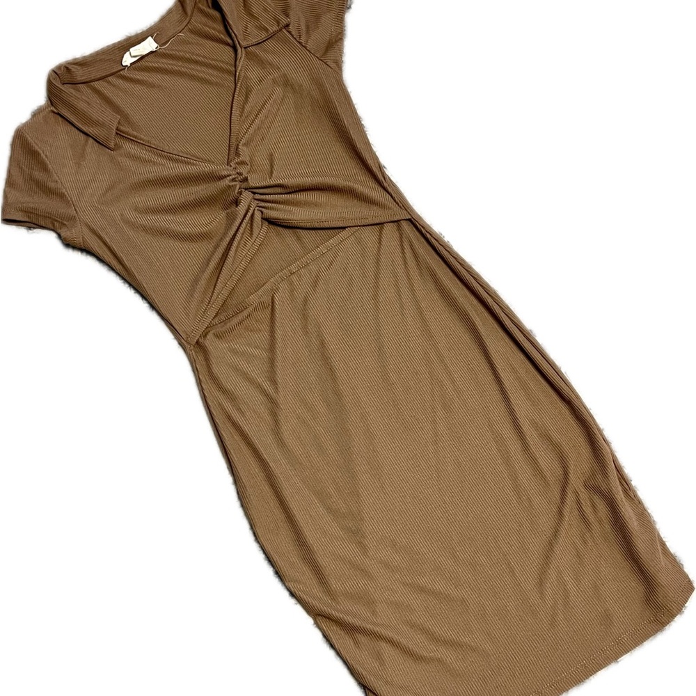 Collared Ribbed Stretch Brown Short Sleeve Dress